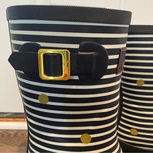 Joules Womens US 8 Molly Welly Mid Rain Boot Navy / White Stripe Gold Polka Dot - Picture 6 of 10